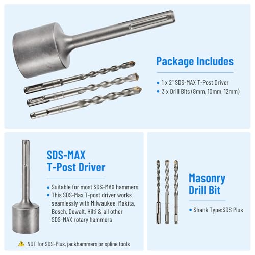 SDS Max Shank T-Post Driver, 2" Diameter Head for SDS-Max Rotary Hammers 2 Inch