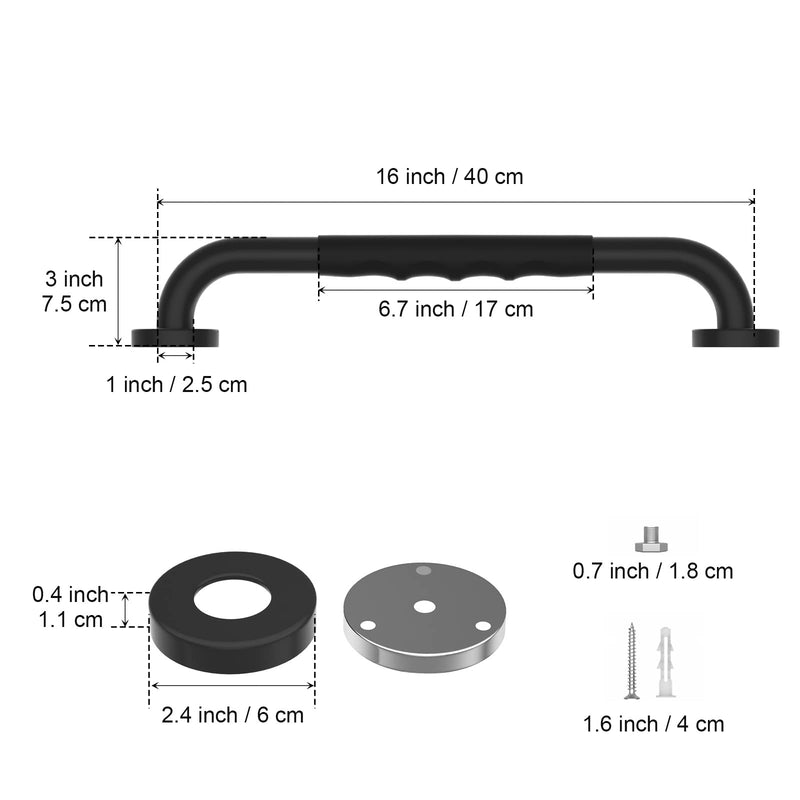 2 Pack 16 Inch Anti-Slip Shower Grab Bars w/Rubber Grip, iMomwee Stainless Steel Bathroom Wall Mount Matte Black Grab Bar Handle, Safety Balance Handrail, Handicap Elderly Senior Assist Bath Handle matte black with rubber grip