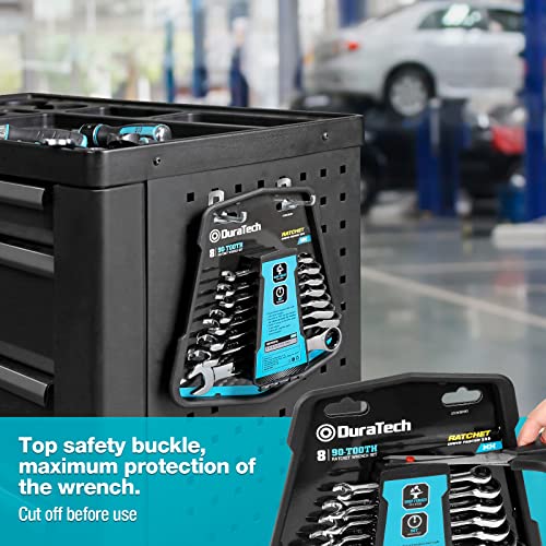 DURATECH 90-Tooth Ratcheting Wrench Set, Combination Wrench Set, 8-Piece, Metric, 8, 10, 12, 13, 14, 15, 17, 19mm, CR-V Steel, Organized in Wrench Rack