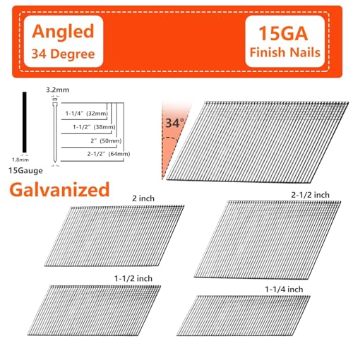 15 Gauge 34 Degree Angled Finish Nails 2-1/2" 1000-Pack Galvanized 2-1/2-1000