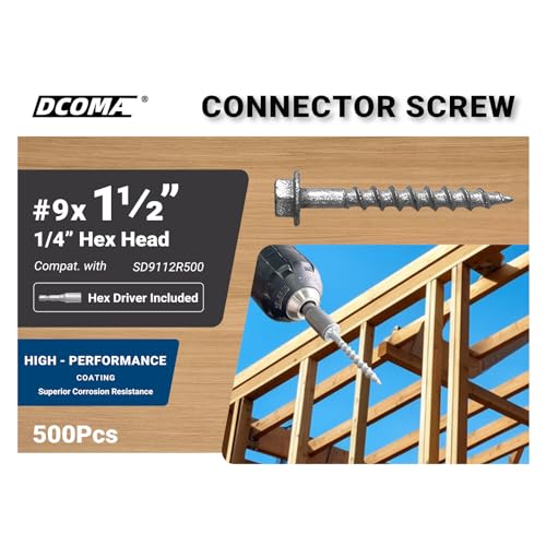 Connector Screws, #9 x 1-1/2" Heavy-Duty Joist Hanger Screws, 1/4" Hex Head with 0.370"-Dia, Replace 9112R500 10D Nails, Prem-Galvanized, Corrosion-Resistant and Wear-Resistant. (500-Qty) 500