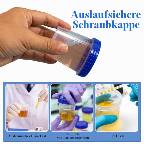15 x 120ml Clear Blue Pee Cups with Screw Lid and Scale | Leak proof sample containers, clear plastic, blue lids, for urine samples, laboratory and paint mixes 15
