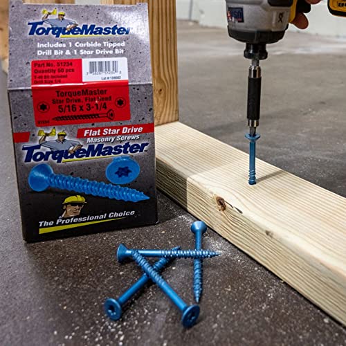 Torquemaster Blue Ruspert Star Drive Flat Head Masonry Screws, 100 Pieces - 3/16" x 4" Self-Tapping Concrete Masonry Screws, Fasteners for Interior & Exterior Construction, Repair