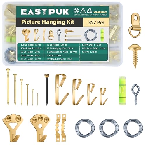 M8x65mm Lag Bolts for TV Wall Mount, TV Mount Screws Kit & 357Pcs Picture Hanging Kit, Assorted Picture Hangers Hardware Set with, Nails, Sawtooth Hangers, Hanging Wire D-Rings, Level, Metal
