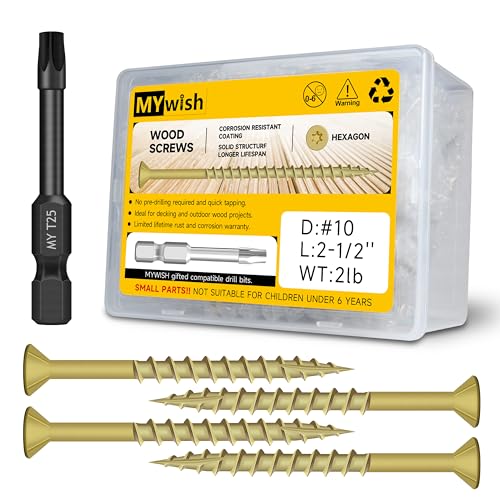 Mywish (12Sets) 5/16" x 3" Hex Head Lag Bolts & 152Pcs Wood Screws #10 x 2-1/2" 2lb Box, Heavy Duty Lag Screws with Washers, T25 Torx Drive Head, Outdoor Construction Screws