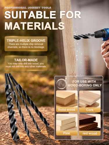 8Pcs 12 Inch Long Auger Drill Bit Set for Wood, Tri-Flute Wood Drill Bit 8PCS-(1/4"-7/8")