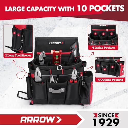 ARROW Tool Belt Heavy-Duty, Electrician Tool Pouch with 10 Pockets & Small Folding Pocket Knife, EDC Mini Pocket Knife
