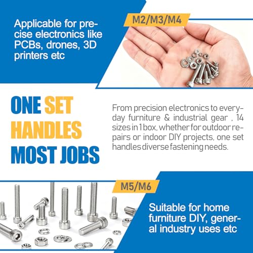 1388Pcs (M2 M3 M4 M5 M6) Metric Screw Assortment Kit,304 Stainless Steel Hex Socket Head Cap Assorted Nuts Bolts and Flat Washers Kit,Hardware Set for 3D Printer,Home Furniture,Industrial Uses etc