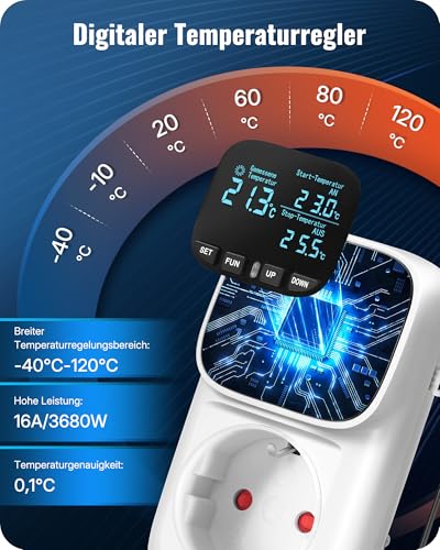 German Temperature Controller, Socket 230 V with Sensor, 4 Time Modes | White Thermostat Socket, Temperature Switch, Socket Thermostat for Heating, Greenhouse, Fan, Kettle