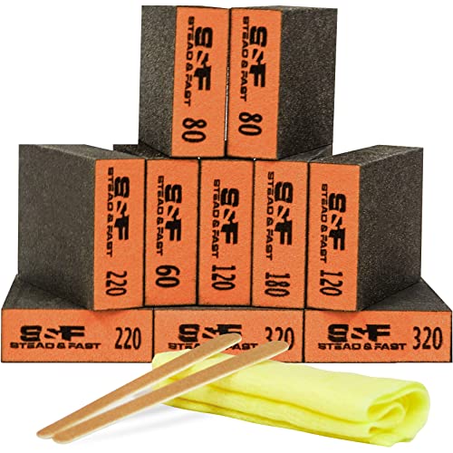 S&F STEAD & FAST Sanding Block 10 pcs with Tack Cloth, 60 80 120 180 220 320/15-Pack Painters Tack Cloth for Painting