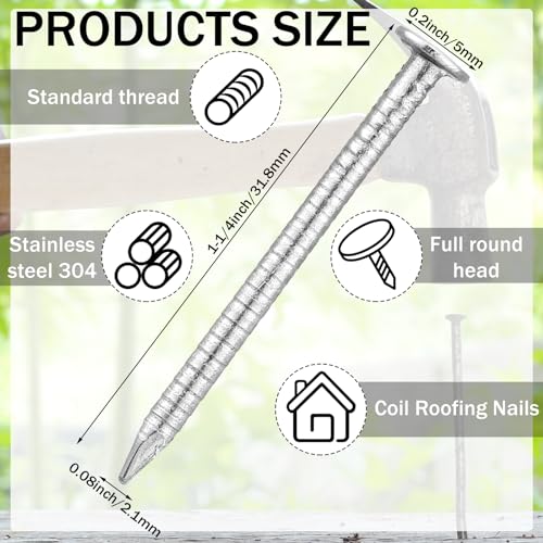 Tandefio 1-1/4 Inch 2 Pounds Roofing Nails 304 Stainless Steel Roofing Felt Nails Flat Head Hardware for Shingles, Cedar Wood, Decking, Wall (Silver) Silver