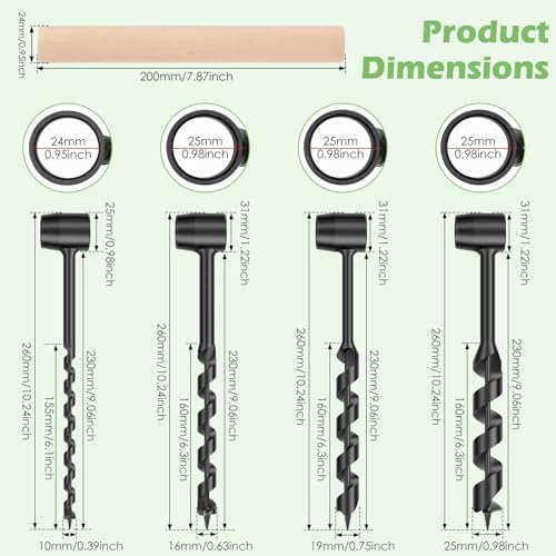 4 Pcs Hand Auger Wood Drill, Bushcraft Hand Auger Wrench Scotch Eye Wood Auger Manual Hand Drill Bit Survival Settlers Wrench Tool Camping,Outdoor,Hiking,Woodworking