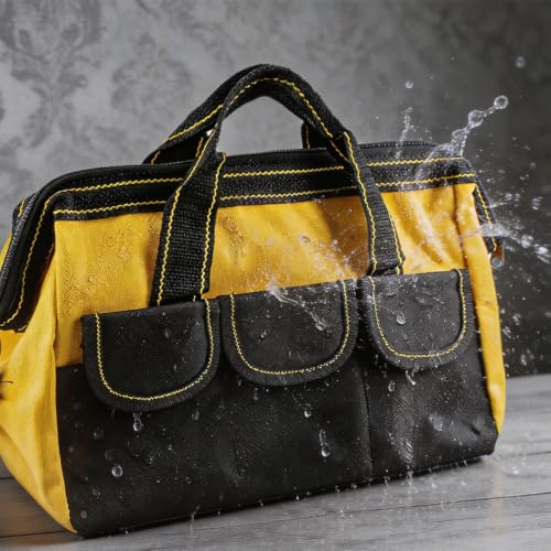 3 Pack 13 Inch Tool Bag, Wide Mouth Tool Tote Bag with Waterproof Base, Heavy Duty Tool Storage Bag Organizer for Various Tools, 5 Pockets, Blue, Yellow, Red