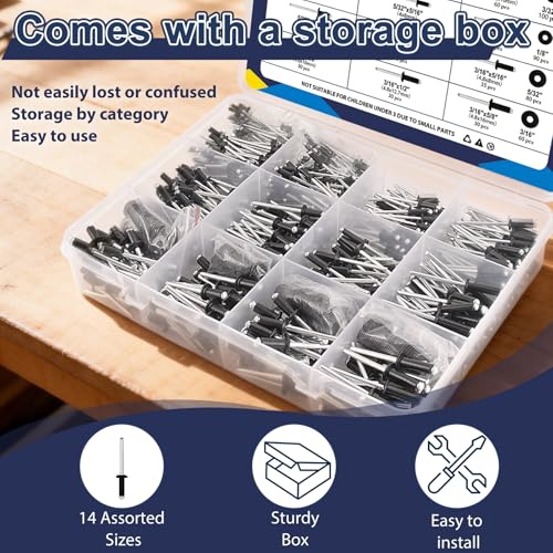 ZQZ 970Pcs Pop Rivets Assortment Kit Black Aluminum Rivet3/32 1/8 5/32 3/16 970/set