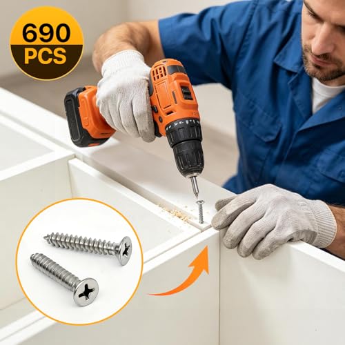 690PCS Wood Screws Assortment Kit, 304 Stainless Steel Screws