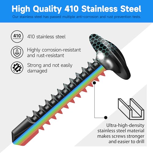 300Pcs #8 x 1-1/2" Black Self Tapping Screws for Metal, 410 Stainless Steel, Sheet Metal Screws for Metal, Truss Head High-Strength Quick Tapping #8×1-1/2" 300