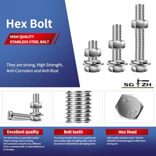 3/8-16 x 3 Hex Head Screw Bolt, Nuts, Flat & Lock Washers, 20Pcs 18-8 (304) Stainless Steel, Fully Threaded, by SG TZH 3/8-16 x 3" Silver 20