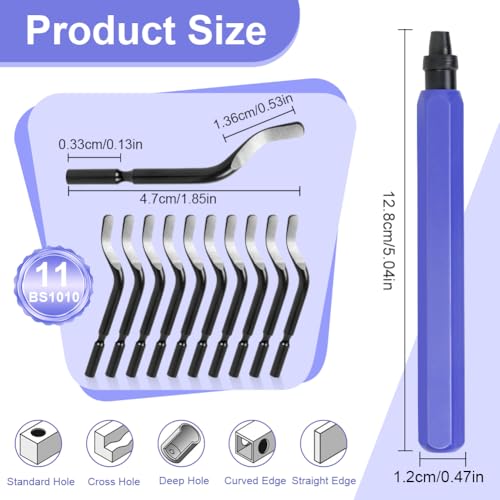 flintronic Universal Deburring Tool Metal Handle Hand Deburring Tool | With 10 replacement blades, 360° rotating blade cutting tool for 3D printers, plastic (1 tool + 11 blades) 11 pieces blue