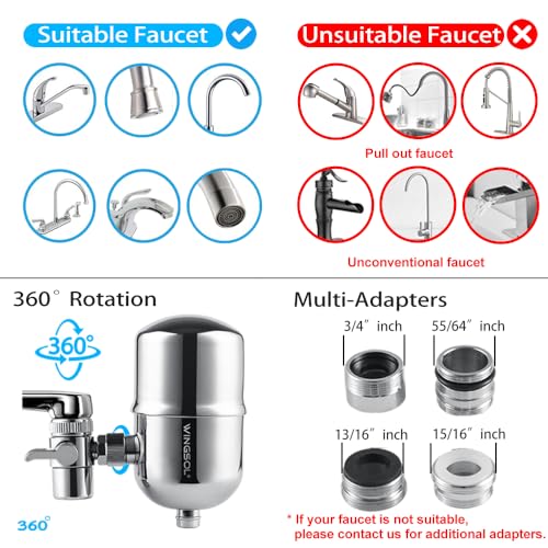 WINGSOL WINGSOL Faucet Water Filter Stainless-Steel 360° Rotating Water Filter for Sink, Reduce Chlorine, Heavy Metals and Bad Taste, 320G Long Lasting Sink Water Filter, 3 Filter Cartridges Included