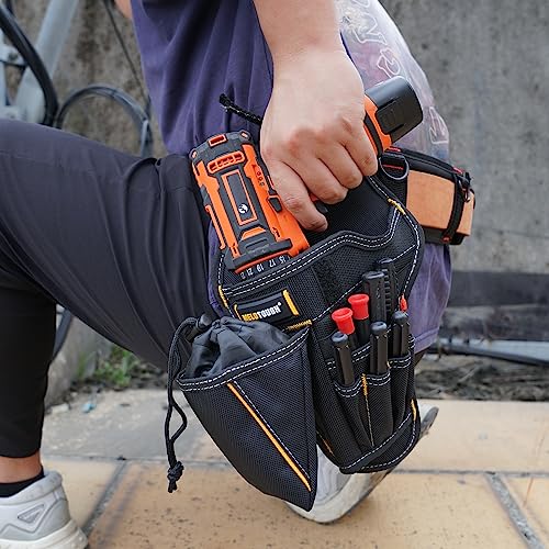 MELOTOUGH Tool Holster Cordless Drill Holster Tool Belt Hook with Metal Clip for Work Belt（Blue 1pcs）+ MELOTOUGH Drill Holster Impact Driver Holster with Bit Pouch (Left Hand)