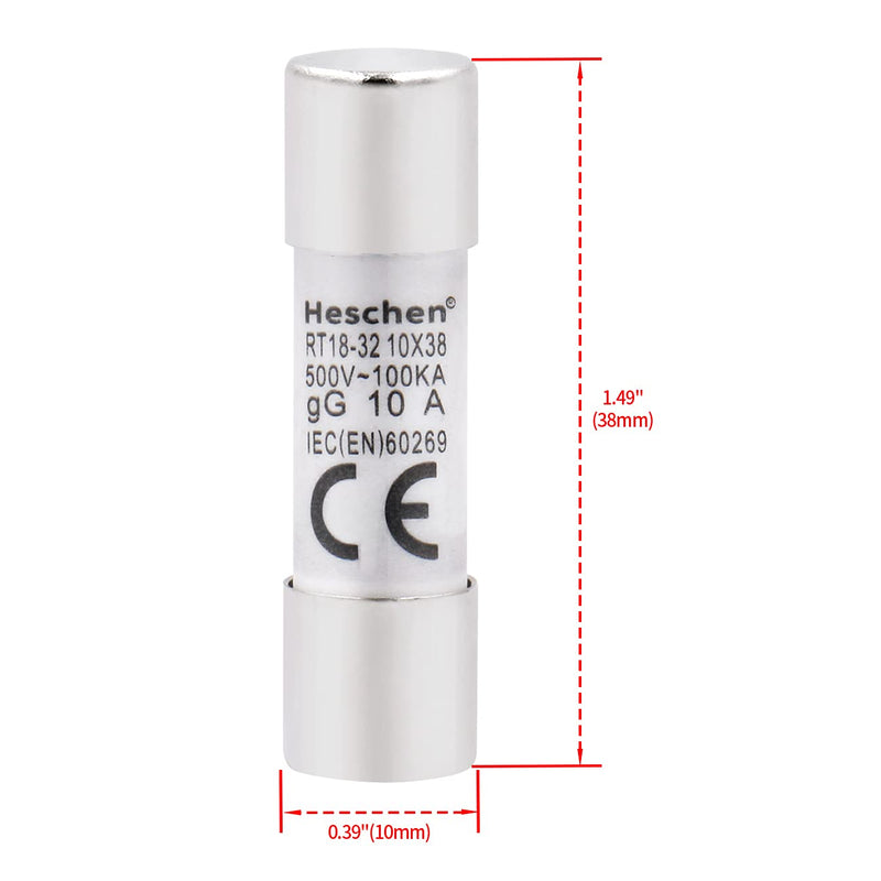 Heschen Pack of 10 Cylindrical Ceramic Tube Fuse RT18-32 (RO15) 10x38mm 10A 500V CE