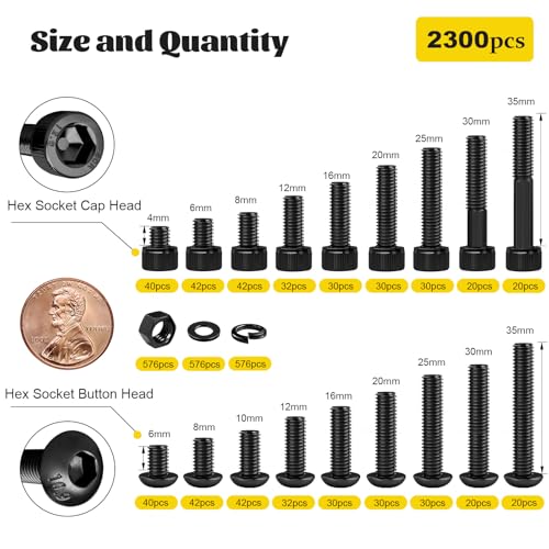 2300PCS M3 Screws with Nuts Assortment Kit & 174PCS M6 Hex Socket Head Bolts Assortment Kit, 12.9 & 10.9 Alloy Steel Black Zinc Plated Screw for 3D Printer,DIY