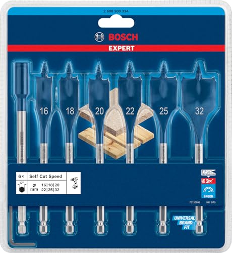 Bosch Professional 7 x Expert SelfCut Speed Flat Milling Drill Bit Set (for Softwood, Coarse Chipboard, Diameter 16-32 mm, Accessories Hammer Drill) Ø 16-32 mm Diameter 16-32 mm, set