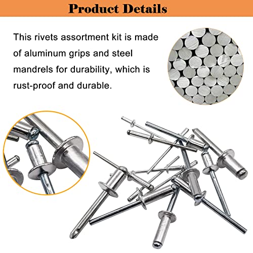 780pcs 14 Sizes Pop Rivets Aluminum Rivets with Washer Assortment Kit (3/32" 1/8" 5/32" 3/16" 1/4"), Assorted Blind Rivets for assembling RV, furniture and plastic frame windows.