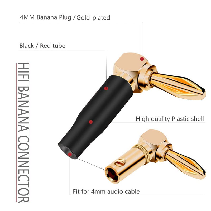 24K Gold Plated 90 Degree Banana Plugs，Dual Screw Locking Right Angle Banana/Speaker connectors(5 Pairs/10 Pcs)