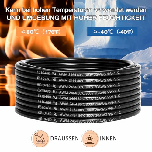 20 AWG 2 x 0.5 mm² 2 Core Cable 15 m, 0.5 mm² 2 Core Electrical Wire | Tinned copper PVC 2-core electrical cable for DC 12V/24V, LED lighting, extension cable, car etc., CE certification 15 Meter 20AWG-2C (2 x 0.5 mm²)