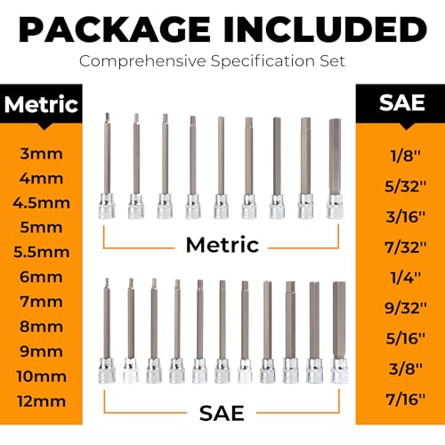 Mulwark 20PC 3/8" Drive Extra Long Allen Hex Bit Socket Set - Long Allen Socket Set contain Metric Allen Sockets 3mm - 12mm | SAE Hex Sockets 1/8'' - 7/16'' with Storage Case for Repair and Assembly Bright Silver Medium 20PCS Long Hex Socket Set 20