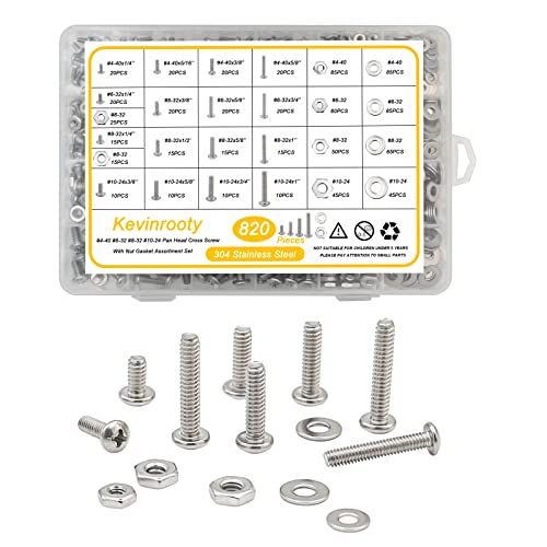 820Pcs 304 Stainless Steel Nuts and Bolts Assortment Kit, 10-24#8-32#6-32#4-40 Phillips Pan Head Assorted Nuts Bolts and Flat Washers with Case