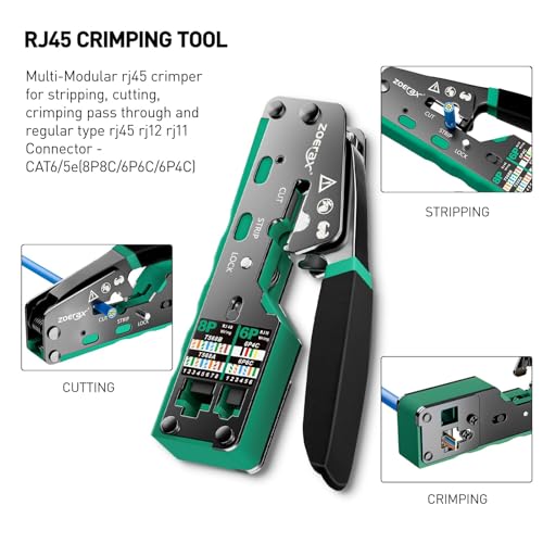 Ethernet crimping tool kit RJ45 crimp tool, Cat5 Cat6 Pass Through Crimping Tool for Network Cable Tester, Multiply Stripper, 50PCS Cat 6 Pass Through Connectors and Strain Relief Boots 10 IN 1 Set