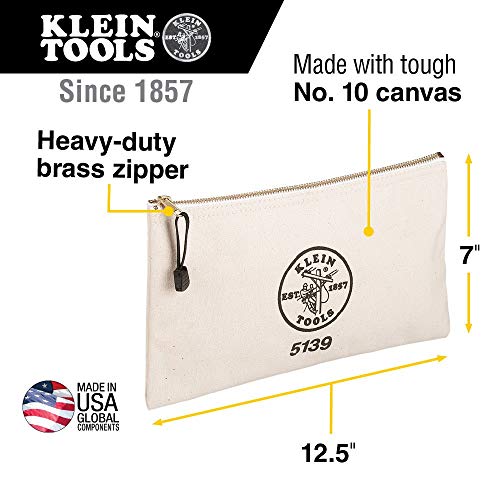 Klein Tools 5104MINI Mini Tool Bucket, Leather-Bottom & 5139 Zipper Bag, Canvas Tool Pouch 12.5 x 7 x 4.25-Inch with Heavy Duty Brass Zipper Close, Natural Bucket + Zipper Bag