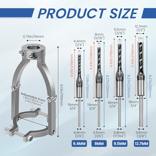 Square Hole Drill Bit Adapter with 4-Piece Square Hole Drill Bit Set, Mortise and Tenon Jig, Dual-Use Mortising Attachment for Drill Press & Hand Drill, Mortising Machine Accessory