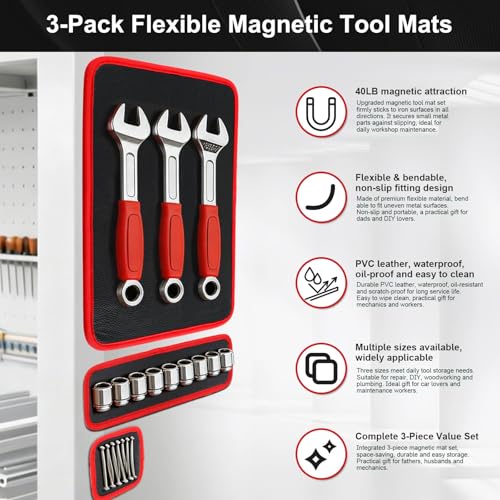 Magnetic Tool Mat Set for Mechanics, Flexible Heavy Duty Magnetic Parts Holder and Tool Organizer for Wrenches, Screws, Nuts, Bolts, Garage Toolbox Accessories (Red, 3PC) Red