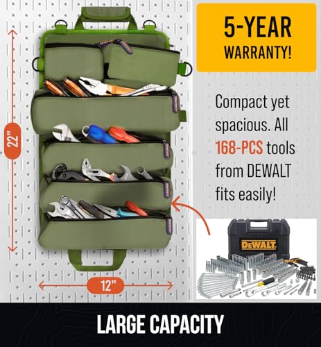 CRAFT911 Durable Tool Bag Organizers w/Detachable 6 Tool Pouches – Small Roll Up Bag | Compact & Lightweight Roll Up Tool Bag Organizer for Electrician, Mechanic, Hobbyist – Green