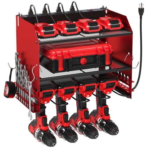 TLGREEN Power Tool Organizer Wallt+198 Piece Tool Box, Tool Kit, Mechanics Tool Set, Portable Toolbox with Adjustable Wrench Pliers Socket Bits, with Plastic Toolbox, for House Apartment Garage (Red)