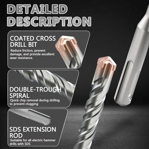 12PCS SDS Plus Rotary Hammer Drill Bits, 12PCS(5/32" to 5/8" ×12") - 4 Carbide Cutting Edges, Ideal for Masonry| Heavy-Duty Masonry |Hammer Drill Bits for Precision Drilling 12PCS(5/32" to 5/8" ×12")