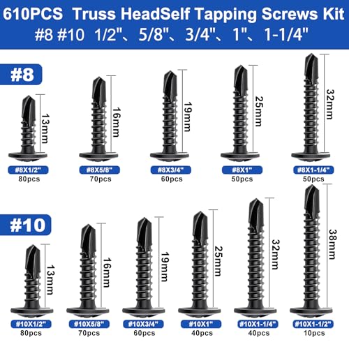 Taiss 610PCS #8#10 Self Tapping Screws for Metal 410 Stainless Steel +840PCS #8#10#12#14 Self Tapping Screws + 620PCS M3 Screw Kit