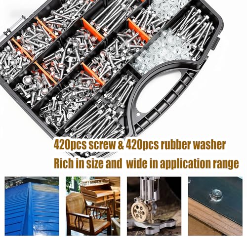 weideer 1000pcs Self Tapping Screws for Metal, #8#10#12#14,410 Stainless Steel Sheet Metal Screws Assortment Kit, Hex Washer Head Self Drilling Screw with Rubber Washer,Length 1/2" to 2'' SV 1000PCS #8#10#12#14 Kit
