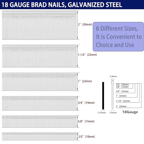 HW HAMWOO 18 Gauge Brad Nails, 2", 1-1/4", 1", 3/4", 5/8", 2/5" Assembly---6000pcs