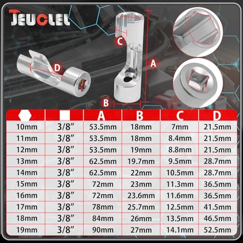 10PCS 10-19mm 3/8"Drive Diesel Injector Fuel Line Socket Wrench Set