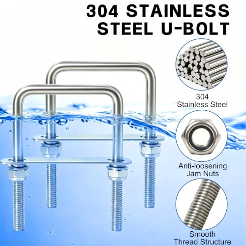 4 Sets M10 Square U-Bolts,304 Stainless Steel, 3-1/16"W×4-1/2"L M10x3-1/16 Wx 4-1/2"L
