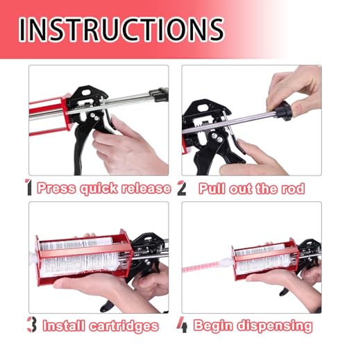 200ml Dual Cartridge Epoxy Gun, 1:1 & 2:1 Ratio Manual Adhesive Applicator for 2-Part Epoxy, Dual Component Glue, Panel Bonding, Structural Repairs, Fillers, and Plastic Repair Red