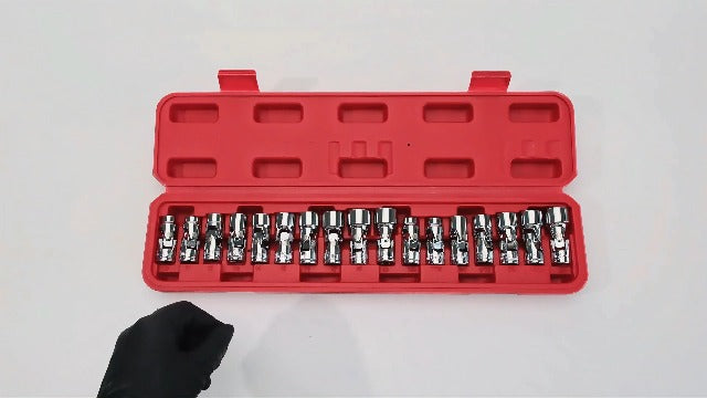 CASOMAN 17PCS 3/8" Drive Universal Flex Socket Set, SAE&Metric, 3/8" to 3/4", 10mm to 19mm, 6-Point, CR-V, Swivel Head, 360 Degree Access 3/8"Dr. Metric & SAE