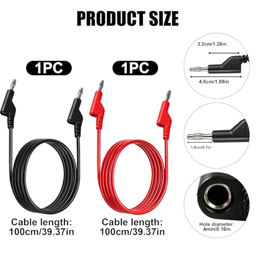 2 x 1000A Prüfkabel mit Bananenstecker 4mm, Stapelbares Multimeter Kabel | 1000V 15A Messleitungen 4mm für Labornetzteil Multimeter Elektrische Prüfung, 1M Labornetzteil Kabel, Rot/Schwarz