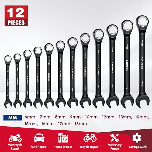 ARROW 12PCS Metric Ratcheting Wrench Set with Black Magnetic Tool Holder Metric Only