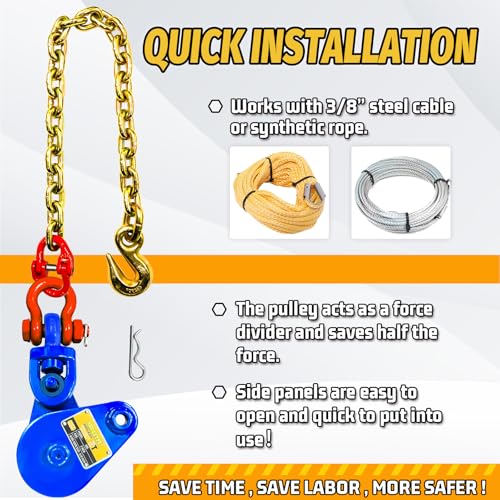 4 Pcs 304 Stainless Steel Square U-Bolts with Washers & Nuts+2 Ton Snatch Block with Chain and Swivel Shackle