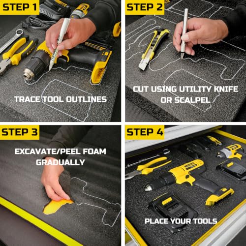 ONREVA Tool Box Foam Organizer 48x24x1 inch 1PC, Kaizen Sheets for Pro Tool Control, Custom Tool Shadow Inserts for Cases & Drawers, High Density Polyethylene Foam, Black with Yellow